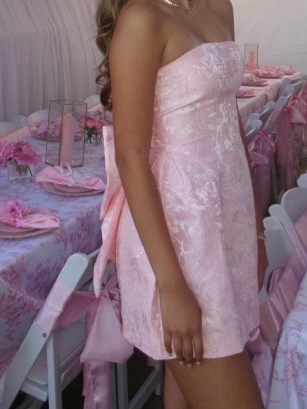 Strapless Pink Jacquard Party Dress with Bow